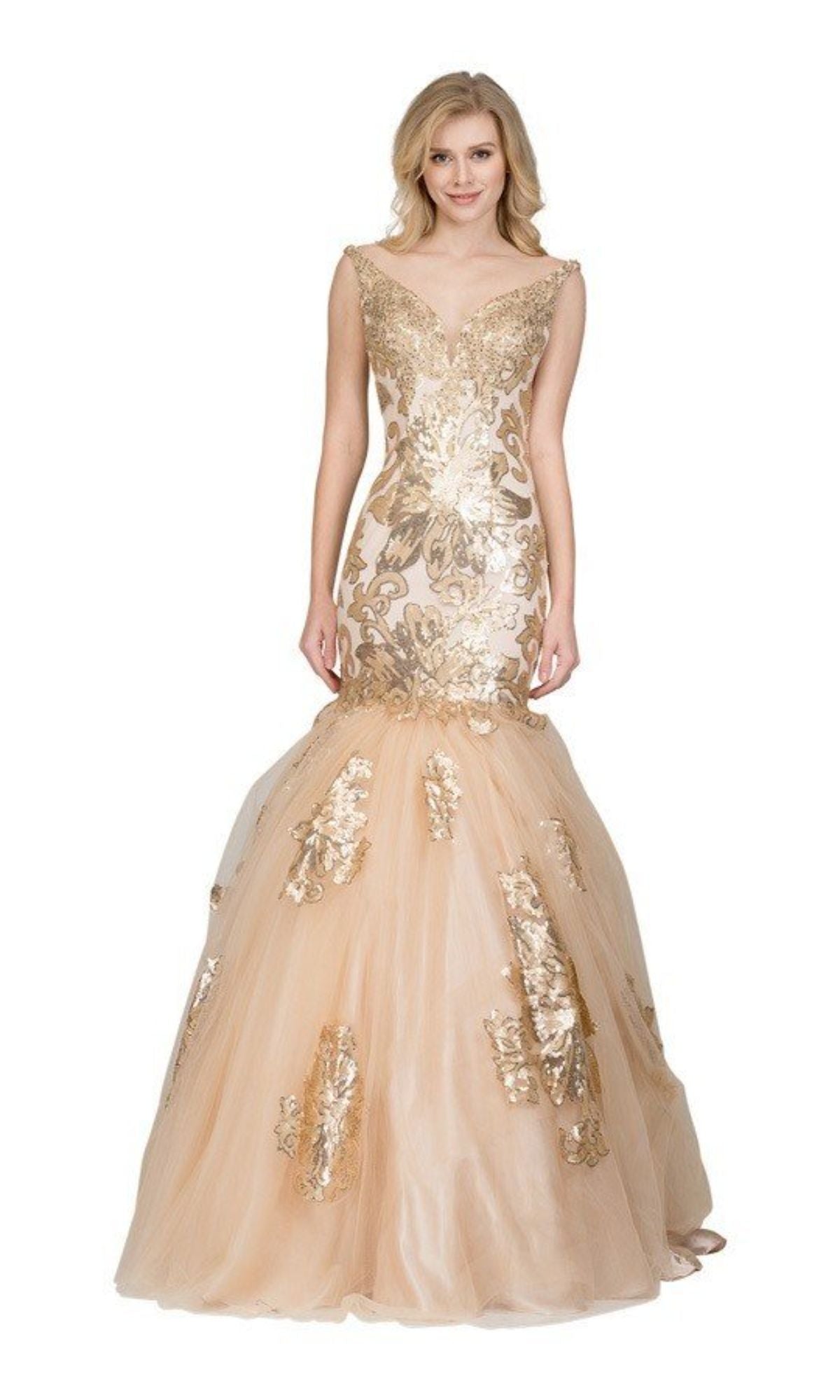 A woman poses against a white background in the Chicas DR7009 Long Sequin Mermaid Prom Dress, featuring intricate floral sequin detailing and a tulle mermaid skirt that highlights the elegance of this formal gown.